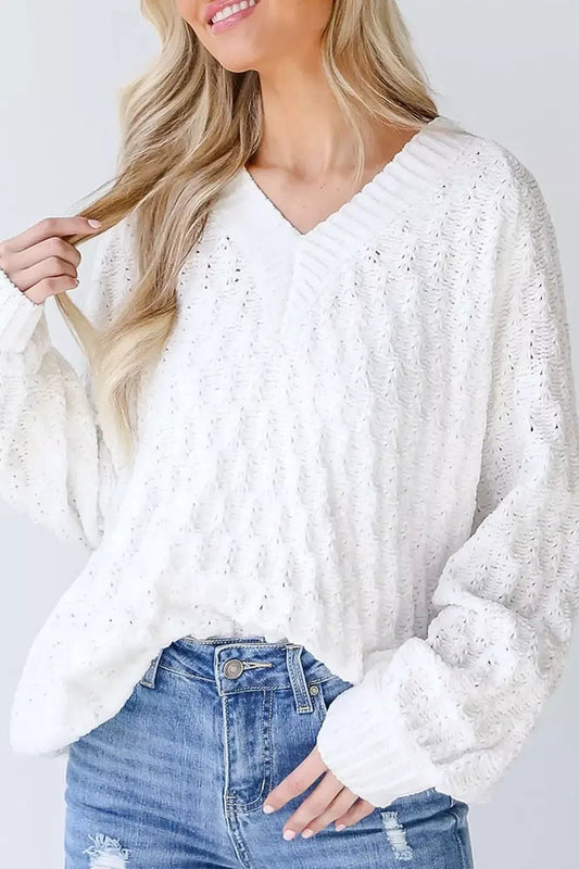 Textured V-Neck Long Sleeve Sweater - Bitsy Gypsy Boutique