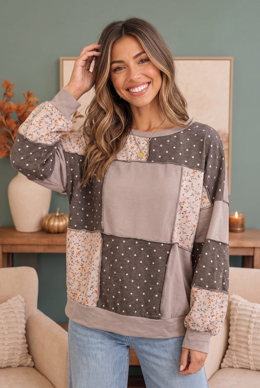 Thankful for Mixed Print Sweatshirt - Bitsy Gypsy Boutique