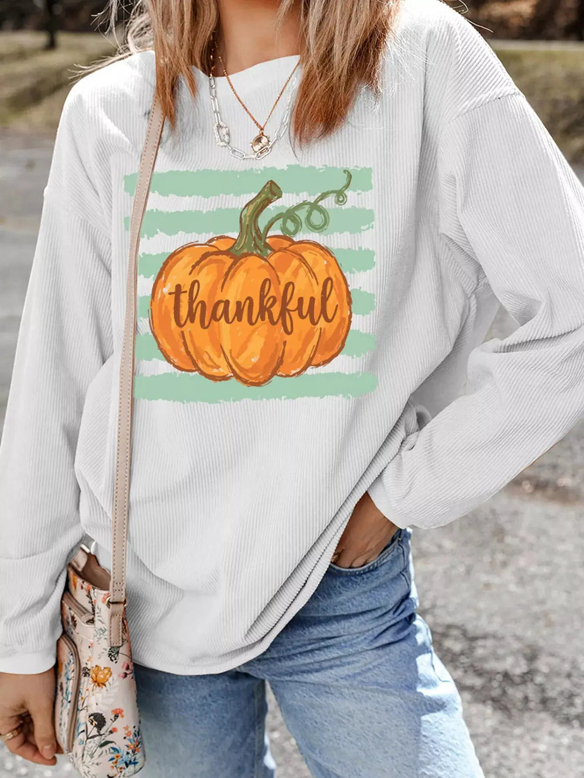 Thankful Pumpkin Ribbed Long Sleeve Sweatshirt - Bitsy Gypsy Boutique