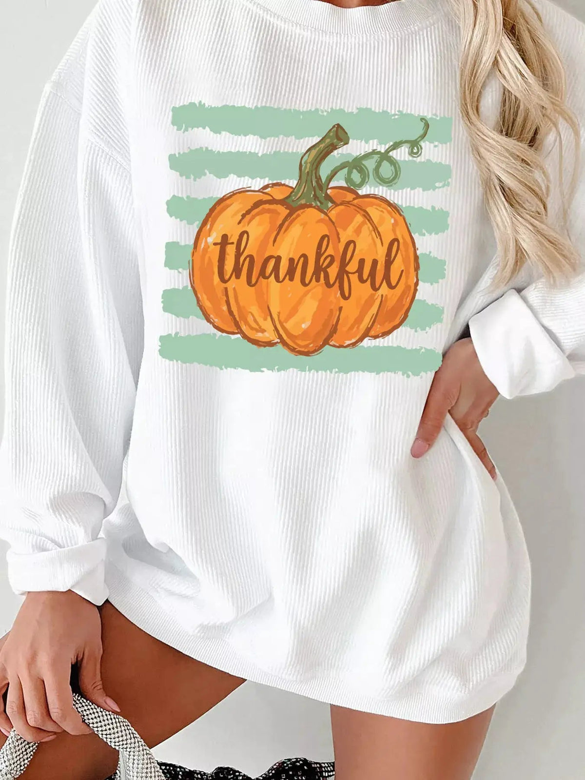 Thankful Pumpkin Ribbed Long Sleeve Sweatshirt - Bitsy Gypsy Boutique