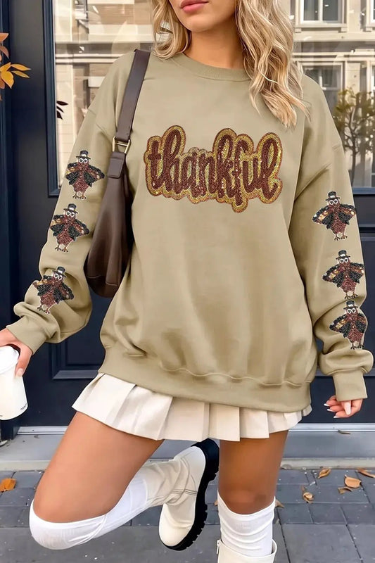 Thankful Sequin Turkey Long Sleeve Crew Neck Sweatshirt - Bitsy Gypsy Boutique