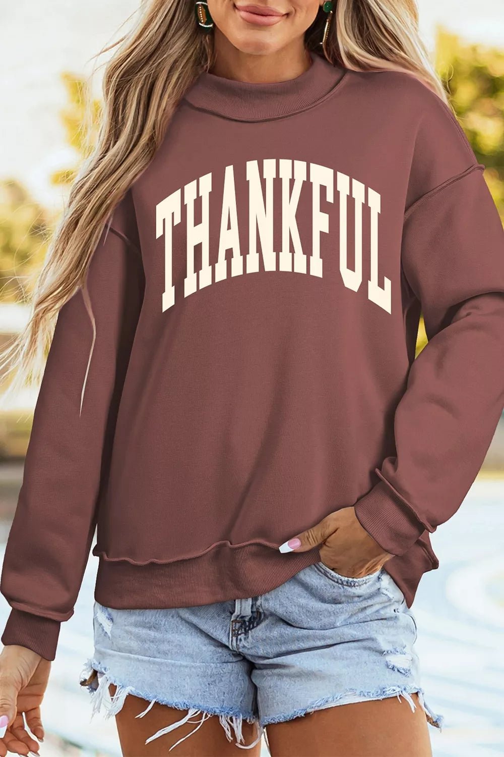 Thanksgiving High Neck Slogan Graphic Pullover Sweatshirt - Bitsy Gypsy Boutique