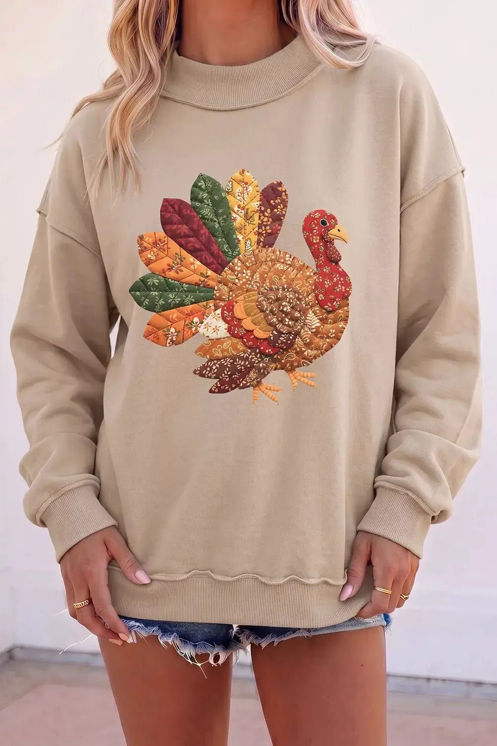 Thanksgiving Patchwork Turkey Mock Neck Sweatshirt - Bitsy Gypsy Boutique