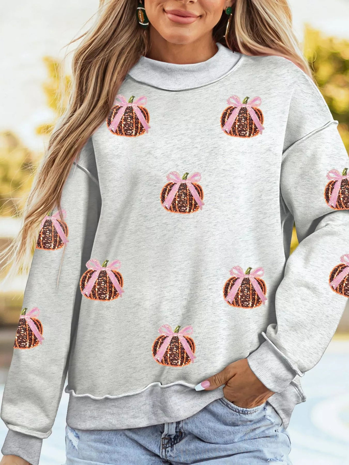 Thanksgiving Sequin Pumpkin High Neck Holiday Sweatshirt - Bitsy Gypsy Boutique