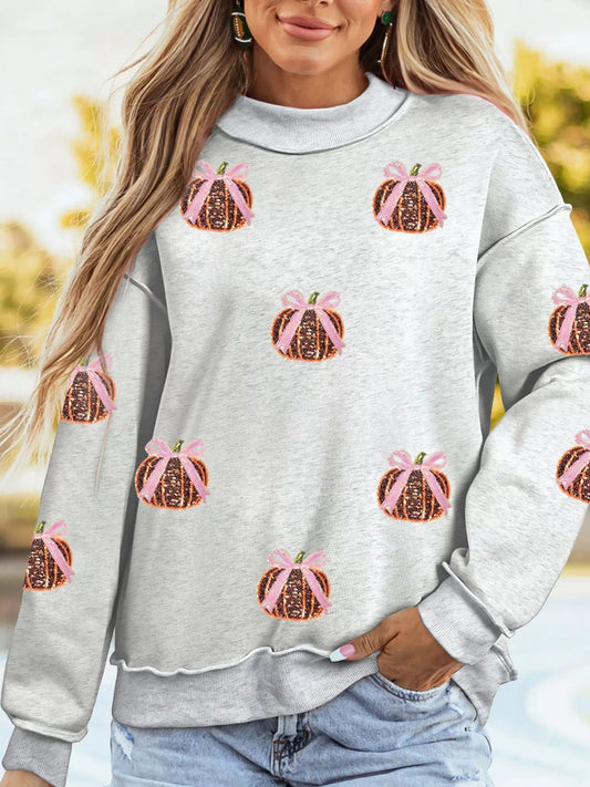 Thanksgiving Sequin Pumpkin High Neck Holiday Sweatshirt - Bitsy Gypsy Boutique