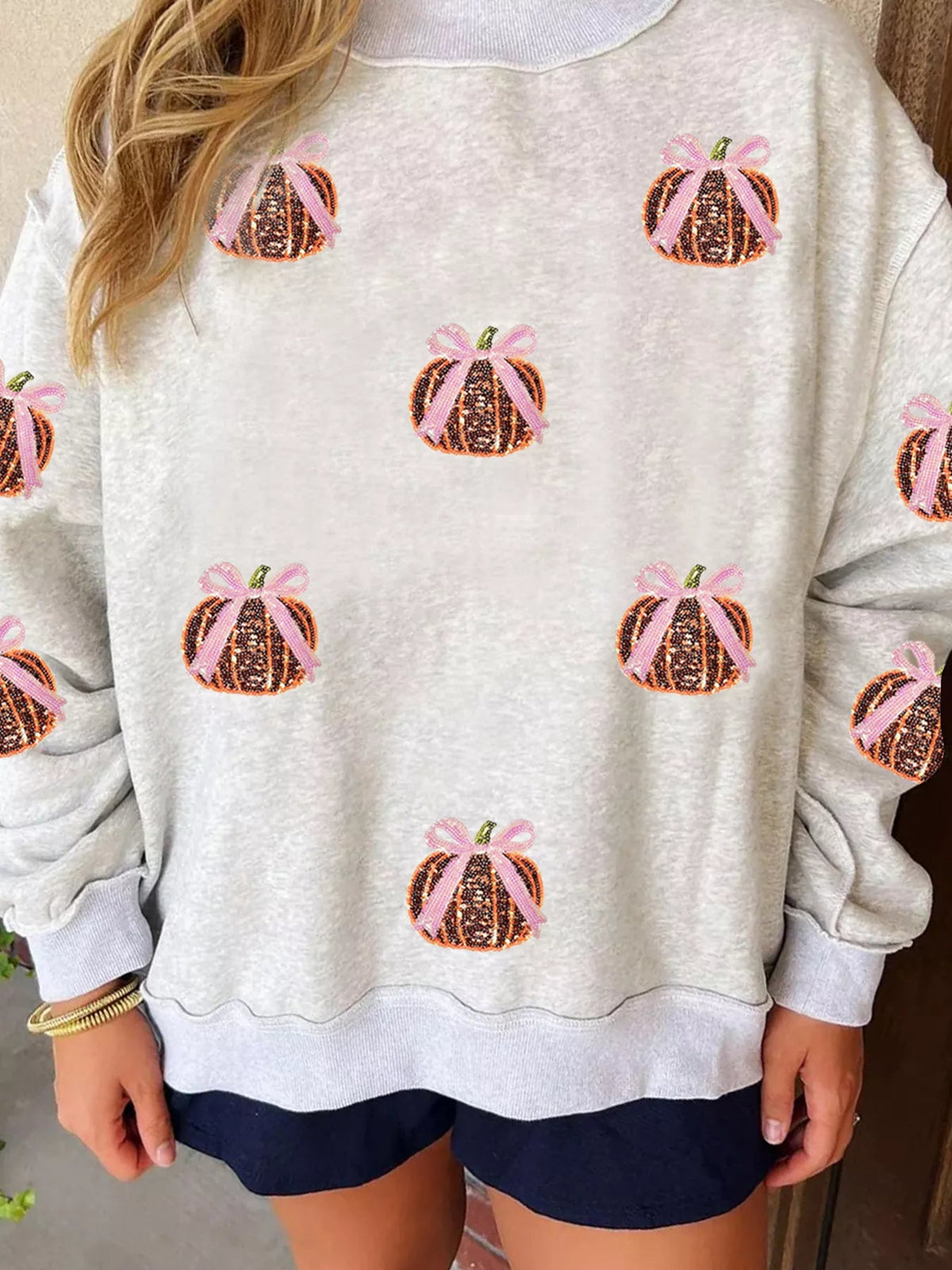 Thanksgiving Sequin Pumpkin High Neck Holiday Sweatshirt - Bitsy Gypsy Boutique