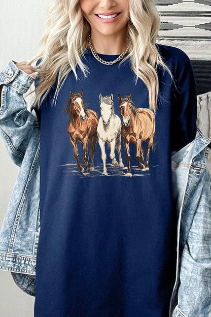 Three Horses Western Graphic Plus Heavy Cotton Tee - Bitsy Gypsy Boutique