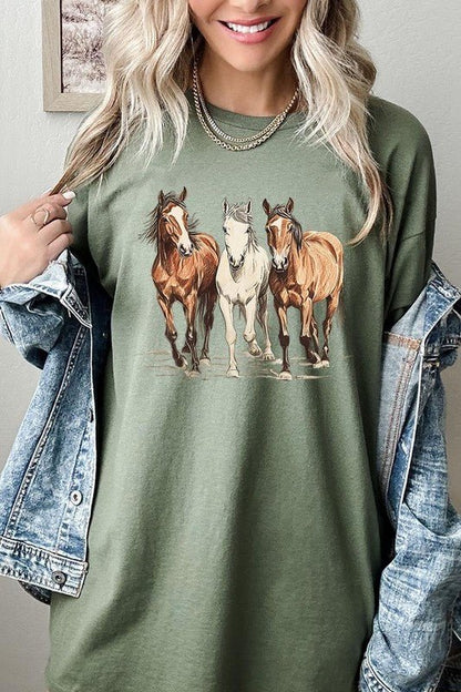 Three Horses Western Graphic Plus Heavy Cotton Tee - Bitsy Gypsy Boutique