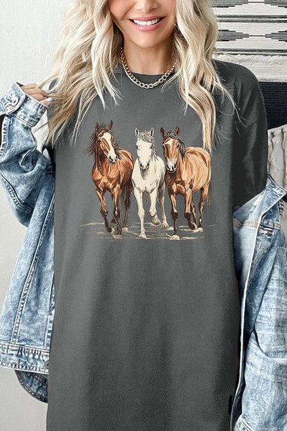Three Horses Western Graphic Plus Heavy Cotton Tee - Bitsy Gypsy Boutique
