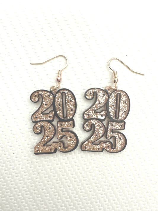 New Year's 2025 Gold Glitter Dangle Earrings