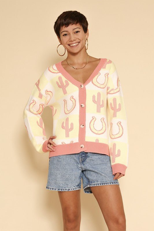 Tiled Cactus horseshoe knit cardigan - Bitsy Gypsy Boutique