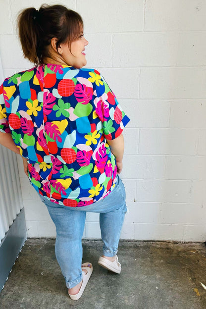 Time For Sun Navy Multicolor Tropical Print V Neck Top - Bitsy Gypsy Boutique