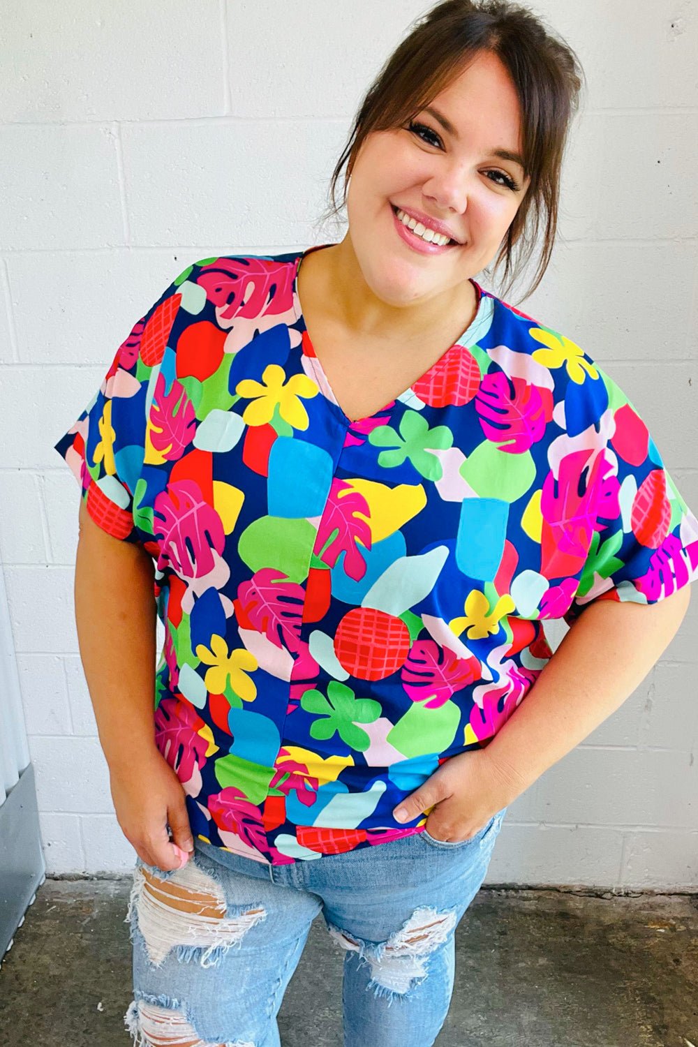 Time For Sun Navy Multicolor Tropical Print V Neck Top - Bitsy Gypsy Boutique