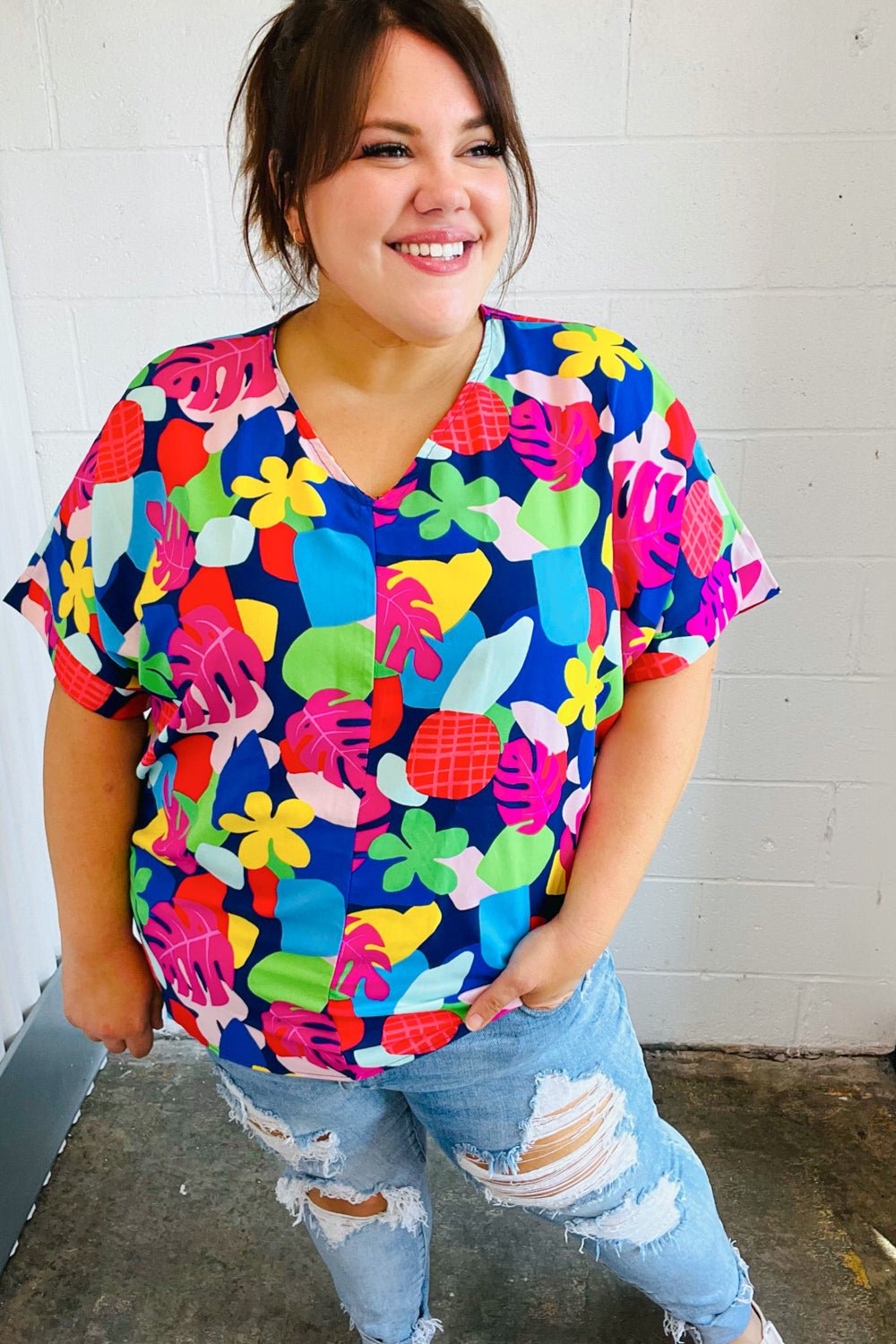 Time For Sun Navy Multicolor Tropical Print V Neck Top - Bitsy Gypsy Boutique