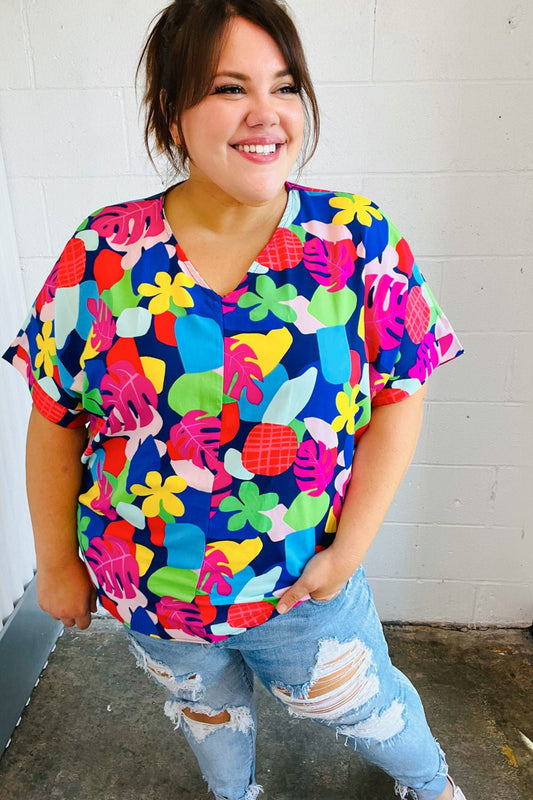 Time For Sun Navy Multicolor Tropical Print V Neck Top - Bitsy Gypsy Boutique
