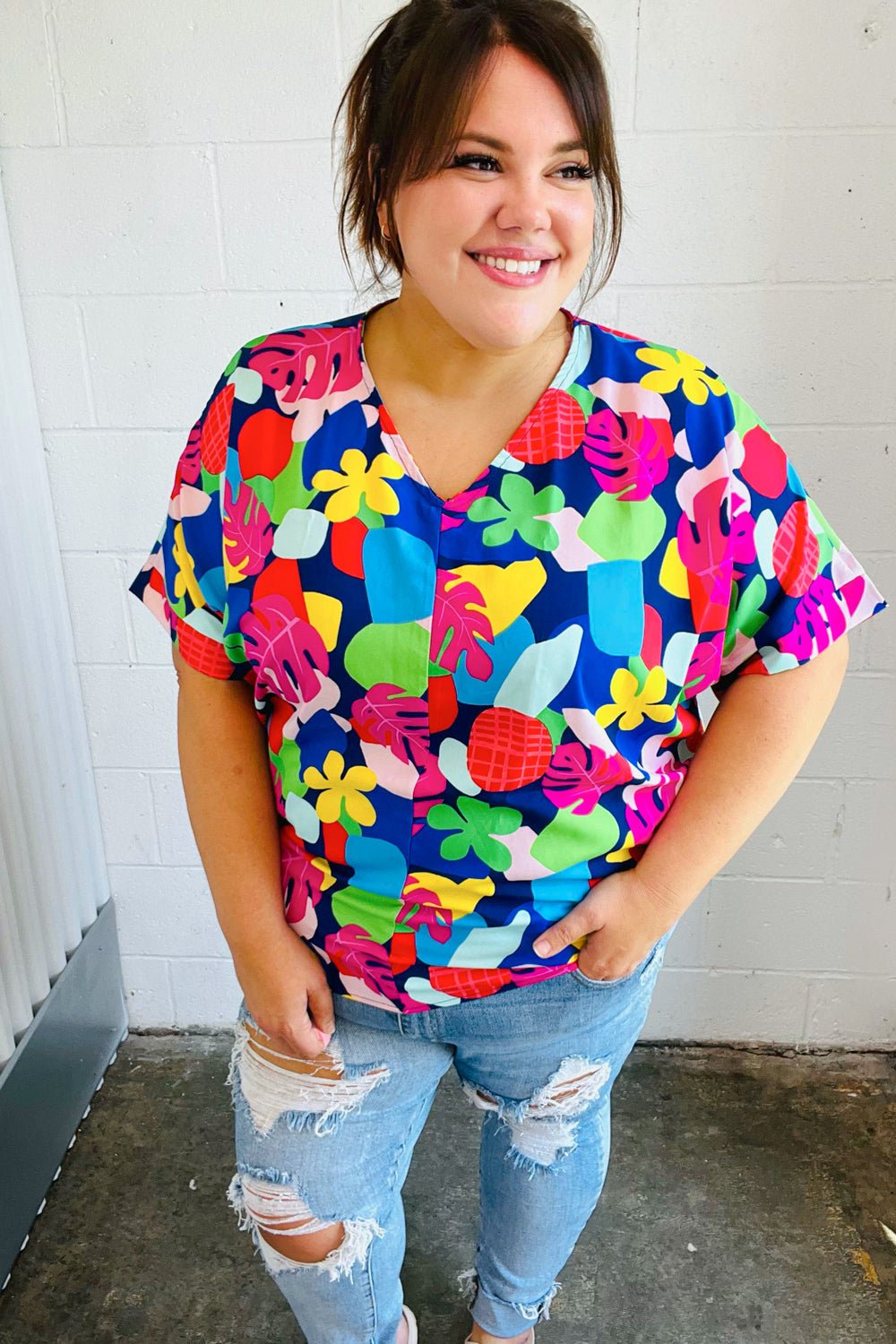 Time For Sun Navy Multicolor Tropical Print V Neck Top - Bitsy Gypsy Boutique