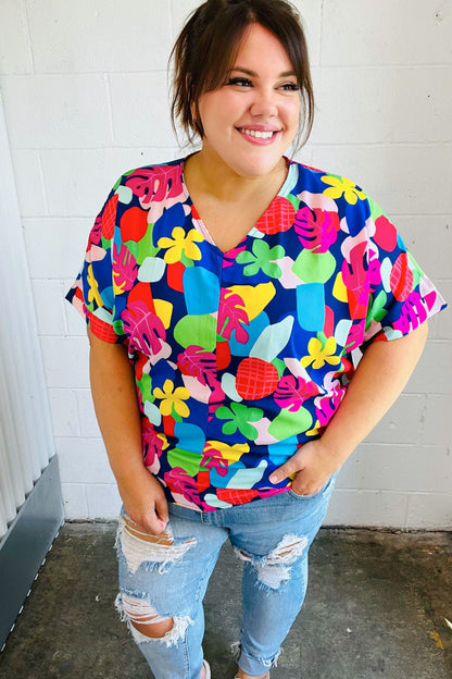 Time For Sun Navy Multicolor Tropical Print V Neck Top - Bitsy Gypsy Boutique
