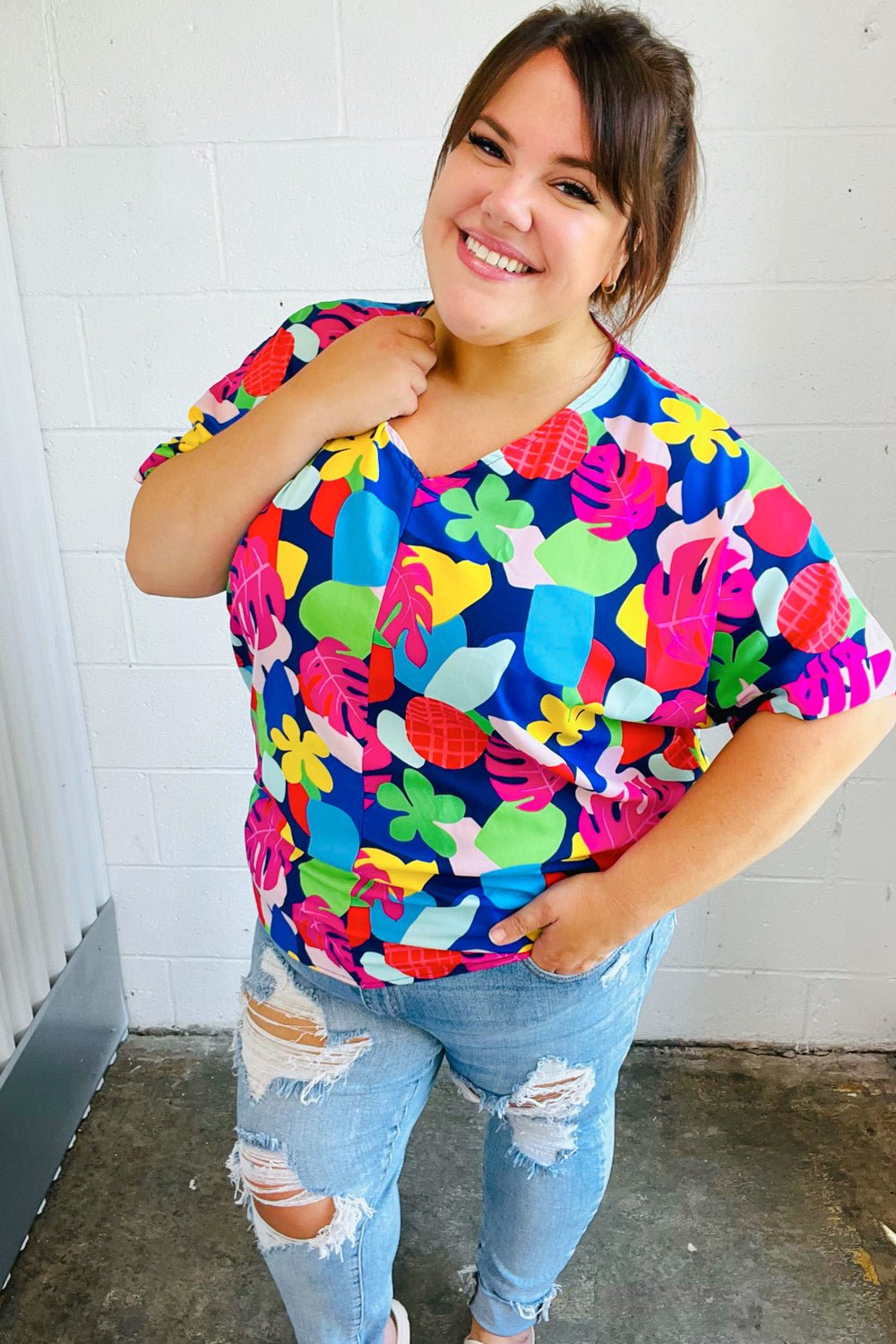 Time For Sun Navy Multicolor Tropical Print V Neck Top - Bitsy Gypsy Boutique