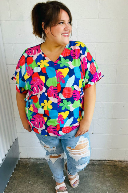 Time For Sun Navy Multicolor Tropical Print V Neck Top - Bitsy Gypsy Boutique