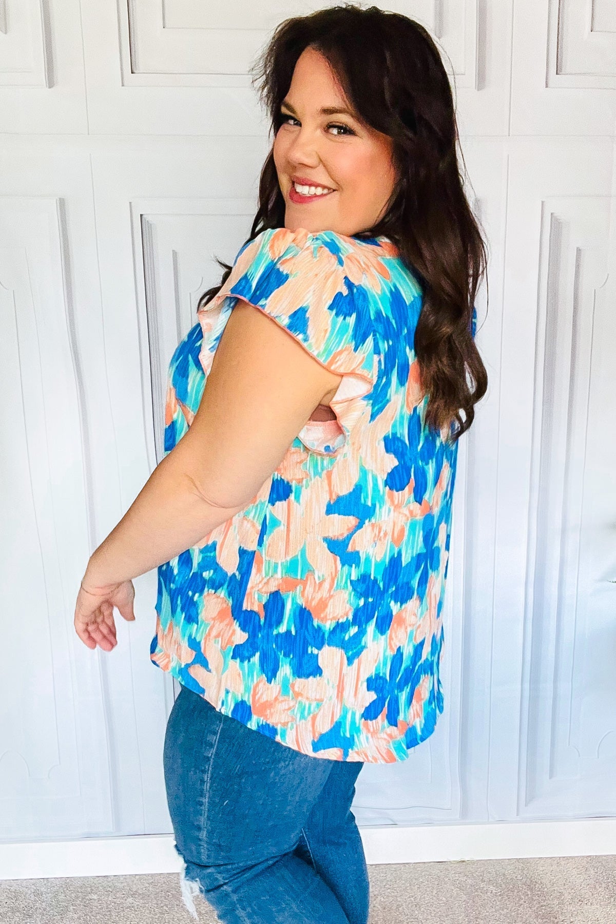 Tropical Breeze Turquoise Floral Banded V Neck Flutter Sleeve Top - Bitsy Gypsy Boutique