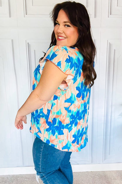 Tropical Breeze Turquoise Floral Banded V Neck Flutter Sleeve Top - Bitsy Gypsy Boutique