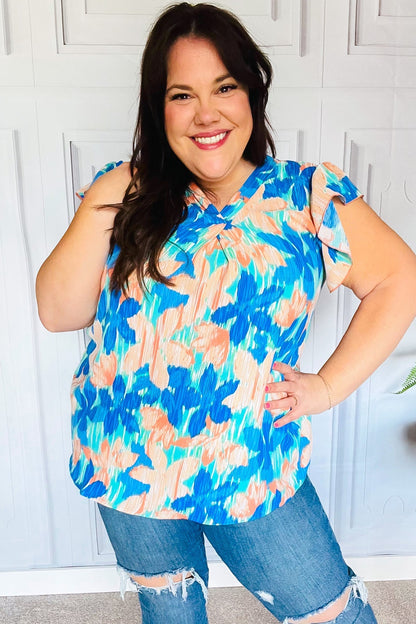Tropical Breeze Turquoise Floral Banded V Neck Flutter Sleeve Top - Bitsy Gypsy Boutique