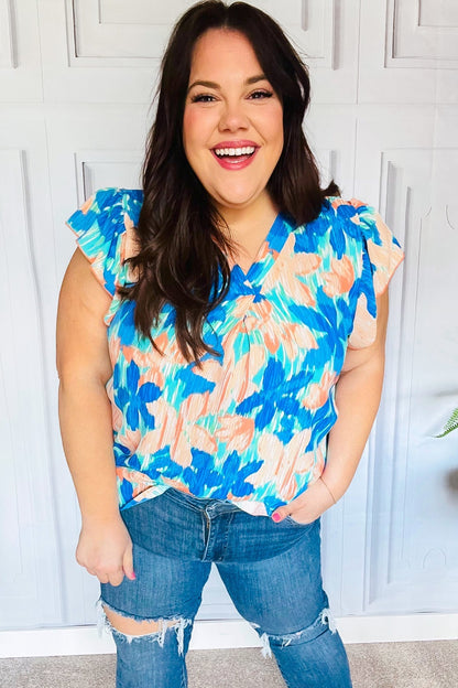 Tropical Breeze Turquoise Floral Banded V Neck Flutter Sleeve Top - Bitsy Gypsy Boutique