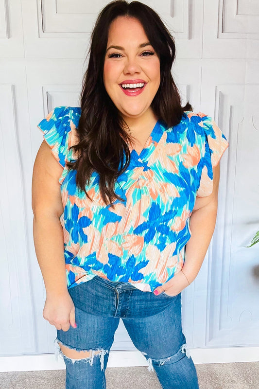 Tropical Breeze Turquoise Floral Banded V Neck Flutter Sleeve Top - Bitsy Gypsy Boutique