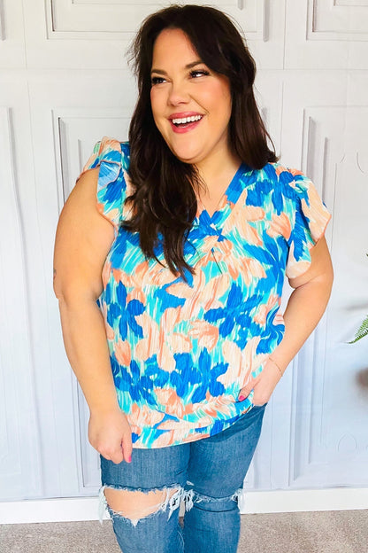 Tropical Breeze Turquoise Floral Banded V Neck Flutter Sleeve Top - Bitsy Gypsy Boutique
