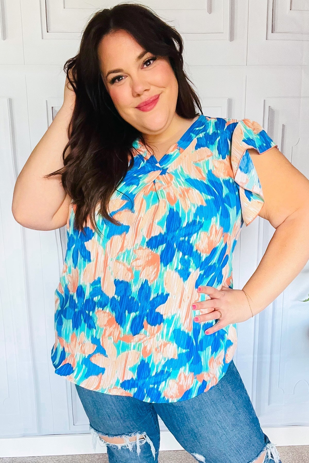 Tropical Breeze Turquoise Floral Banded V Neck Flutter Sleeve Top - Bitsy Gypsy Boutique