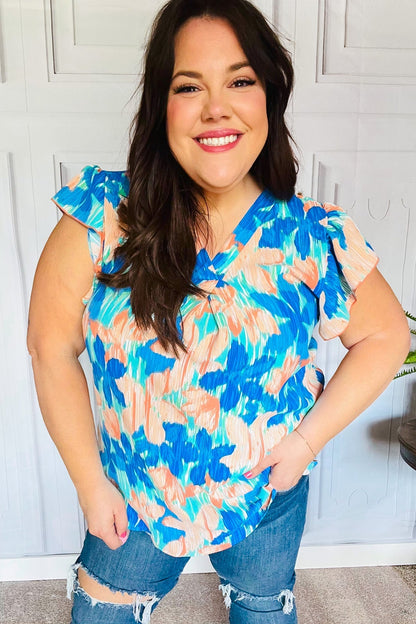 Tropical Breeze Turquoise Floral Banded V Neck Flutter Sleeve Top - Bitsy Gypsy Boutique