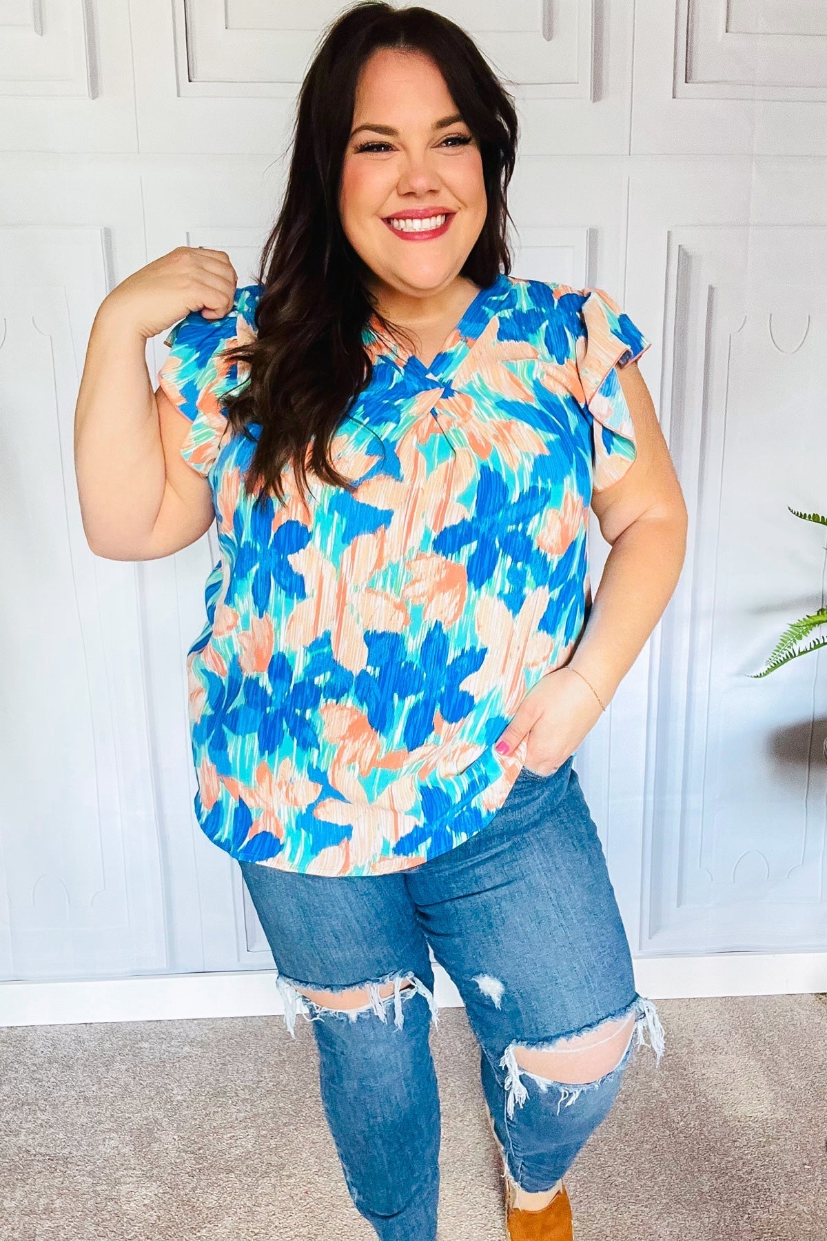 Tropical Breeze Turquoise Floral Banded V Neck Flutter Sleeve Top - Bitsy Gypsy Boutique