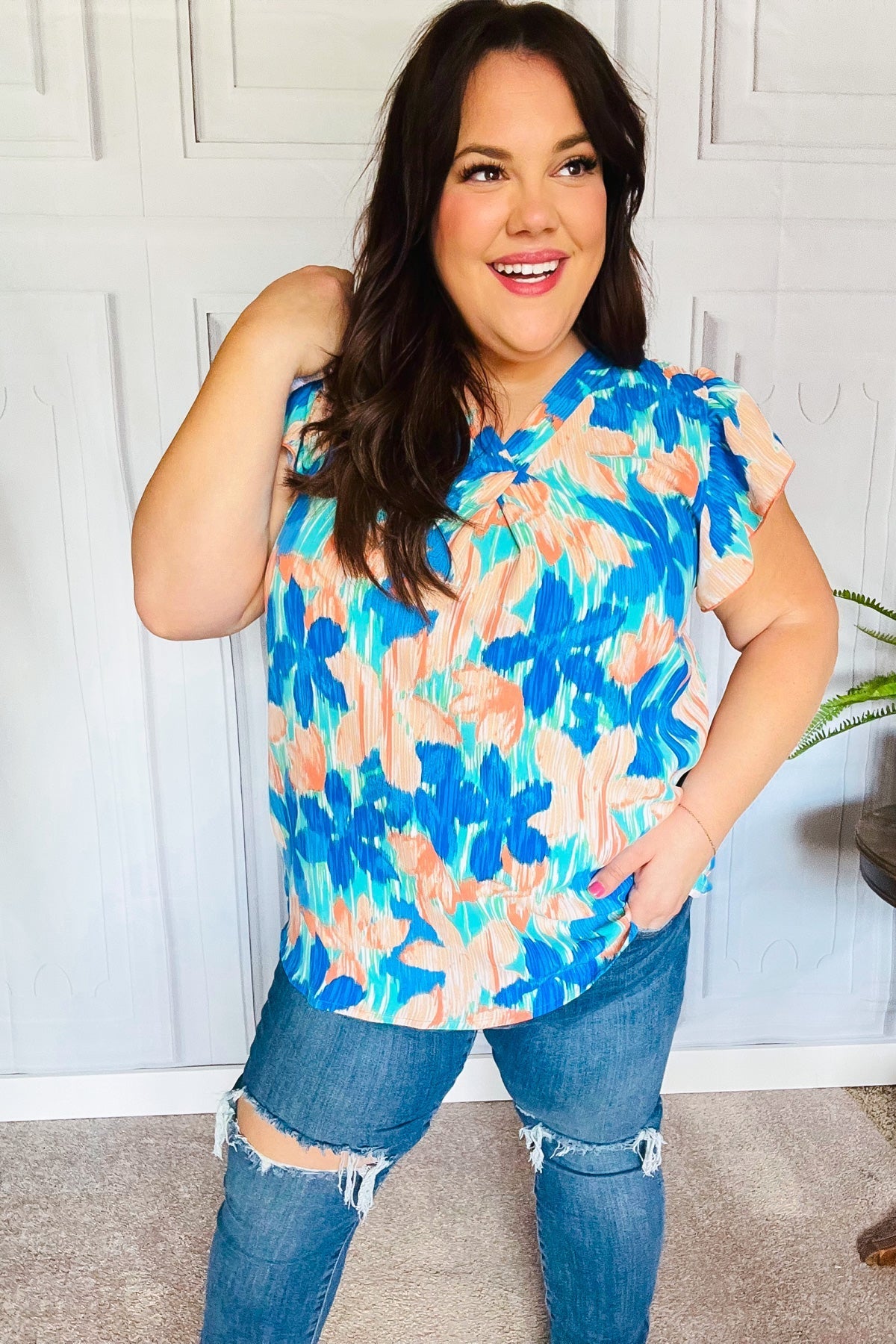 Tropical Breeze Turquoise Floral Banded V Neck Flutter Sleeve Top - Bitsy Gypsy Boutique