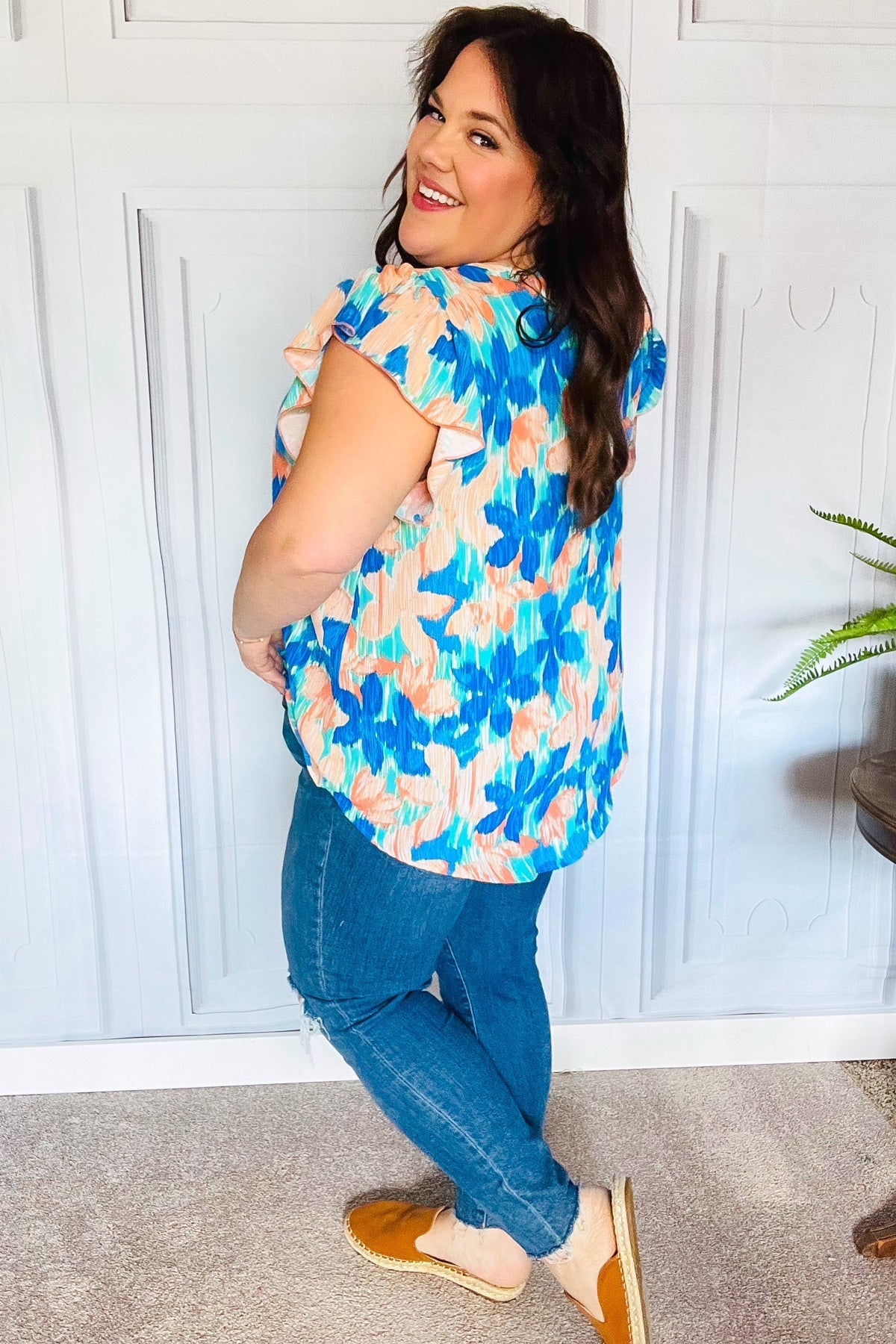 Tropical Breeze Turquoise Floral Banded V Neck Flutter Sleeve Top - Bitsy Gypsy Boutique