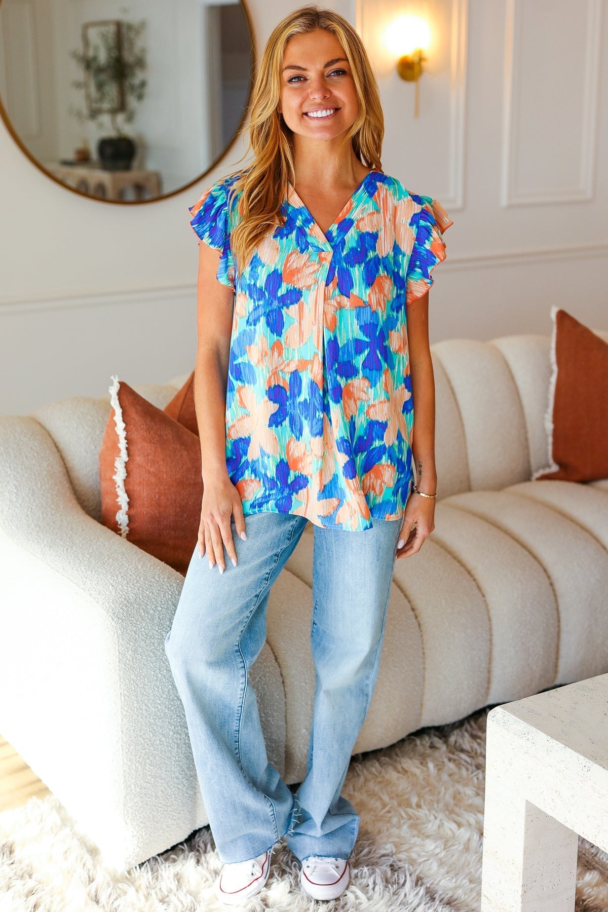 Tropical Breeze Turquoise Floral Banded V Neck Flutter Sleeve Top - Bitsy Gypsy Boutique