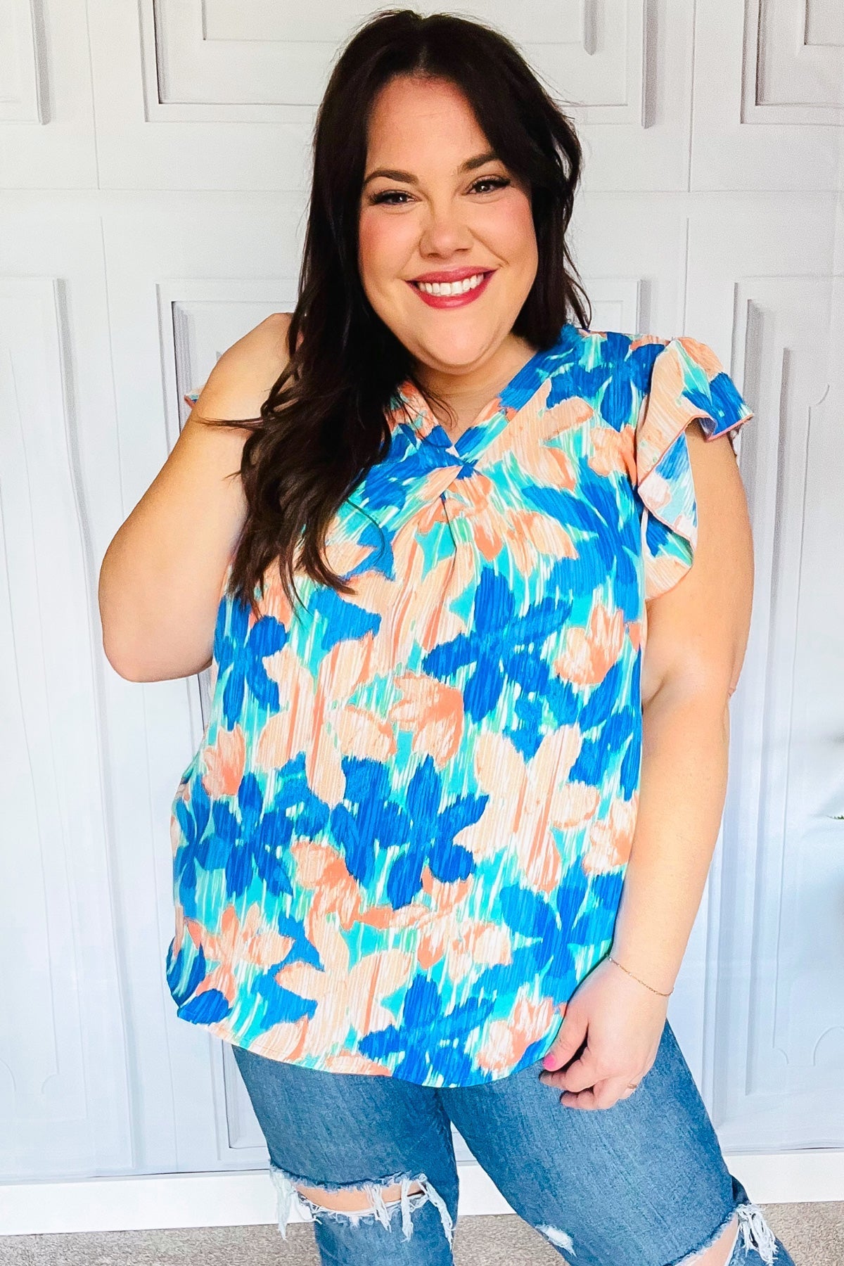 Tropical Breeze Turquoise Floral Banded V Neck Flutter Sleeve Top - Bitsy Gypsy Boutique
