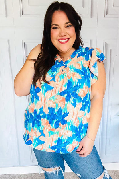 Tropical Breeze Turquoise Floral Banded V Neck Flutter Sleeve Top - Bitsy Gypsy Boutique