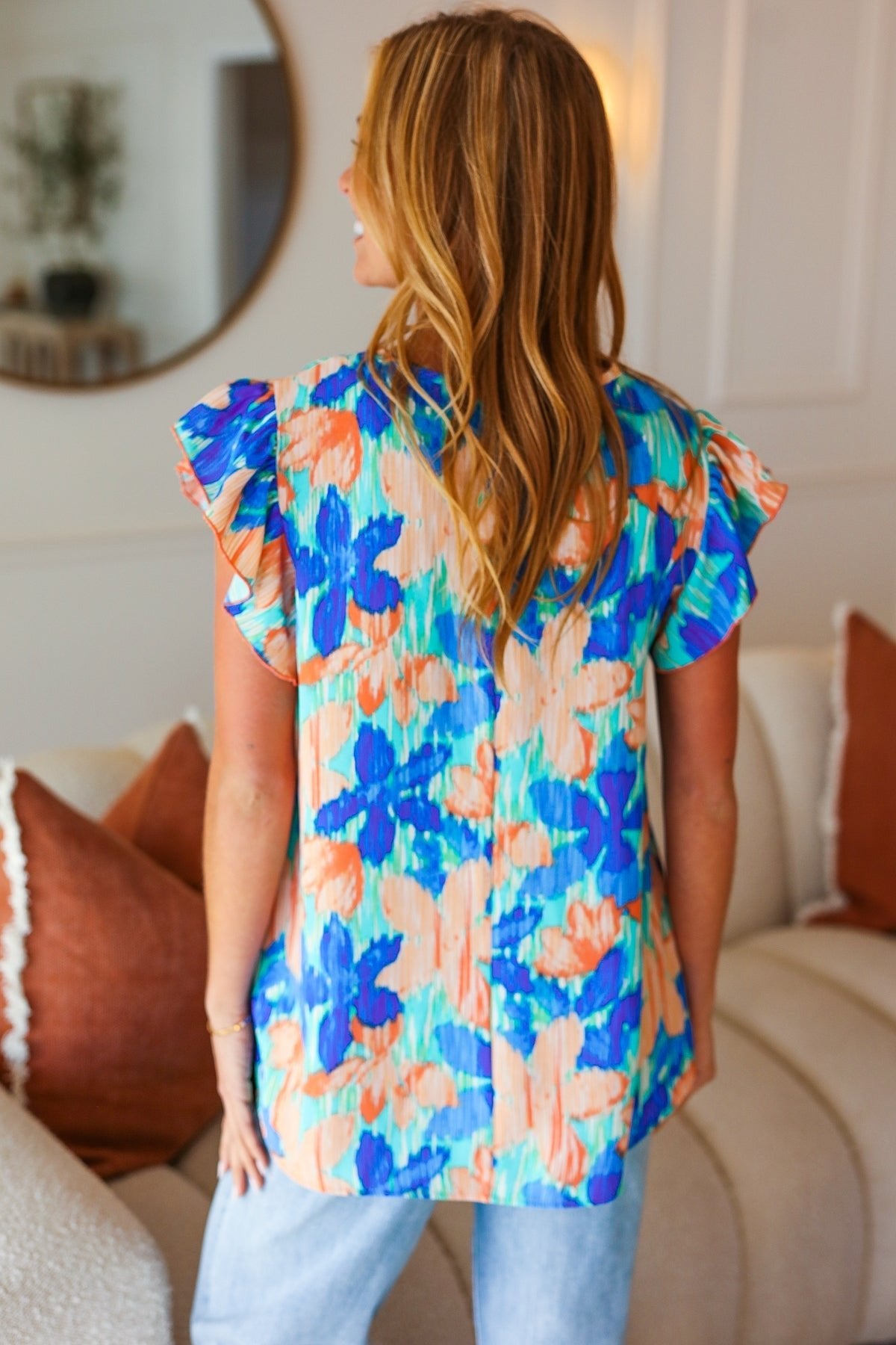 Tropical Breeze Turquoise Floral Banded V Neck Flutter Sleeve Top - Bitsy Gypsy Boutique