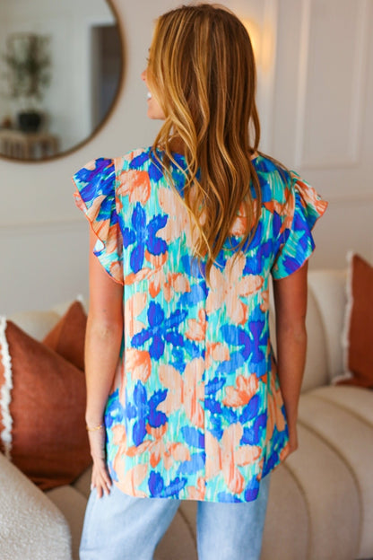 Tropical Breeze Turquoise Floral Banded V Neck Flutter Sleeve Top - Bitsy Gypsy Boutique