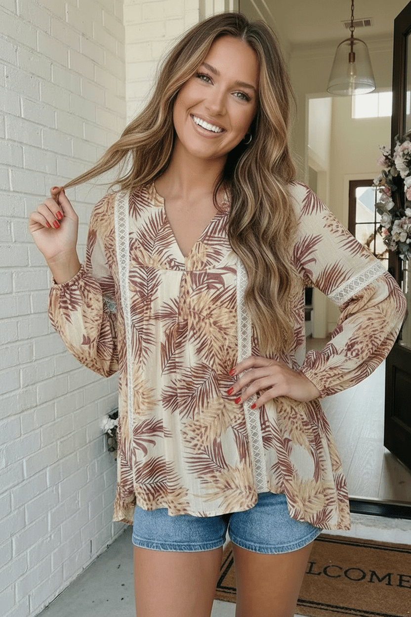 Tropical Palms Boho Babydoll Top - Bitsy Gypsy Boutique