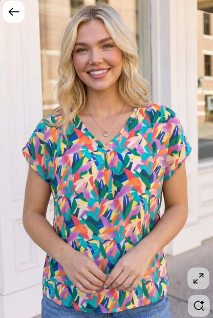 Tropical Pop Multicolor Print V-Neck Top - Bitsy Gypsy Boutique