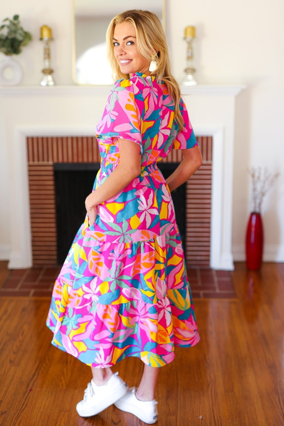 Tropical Trance Fuchsia Floral Smocked Waist Maxi Dress - Bitsy Gypsy Boutique