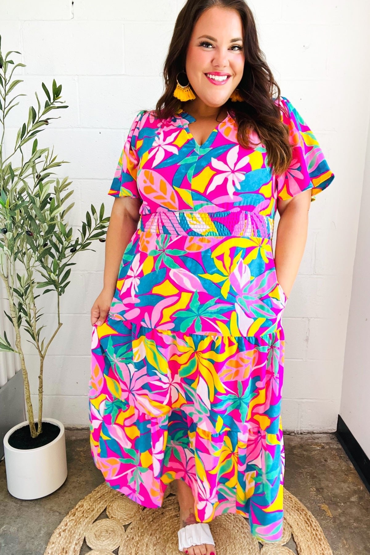 Tropical Trance Fuchsia Floral Smocked Waist Maxi Dress - Bitsy Gypsy Boutique