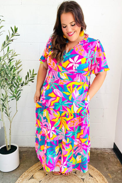 Tropical Trance Fuchsia Floral Smocked Waist Maxi Dress - Bitsy Gypsy Boutique