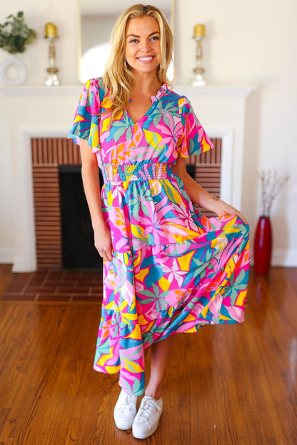 Tropical Trance Fuchsia Floral Smocked Waist Maxi Dress - Bitsy Gypsy Boutique