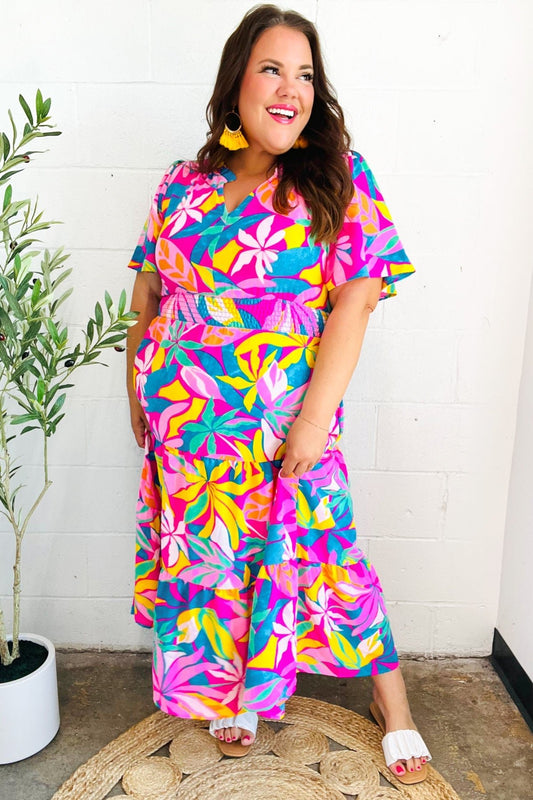Tropical Trance Fuchsia Floral Smocked Waist Maxi Dress - Bitsy Gypsy Boutique