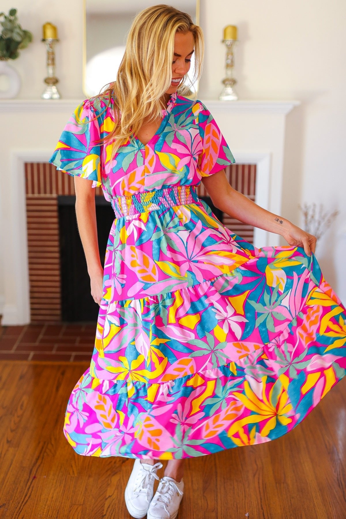 Tropical Trance Fuchsia Floral Smocked Waist Maxi Dress - Bitsy Gypsy Boutique