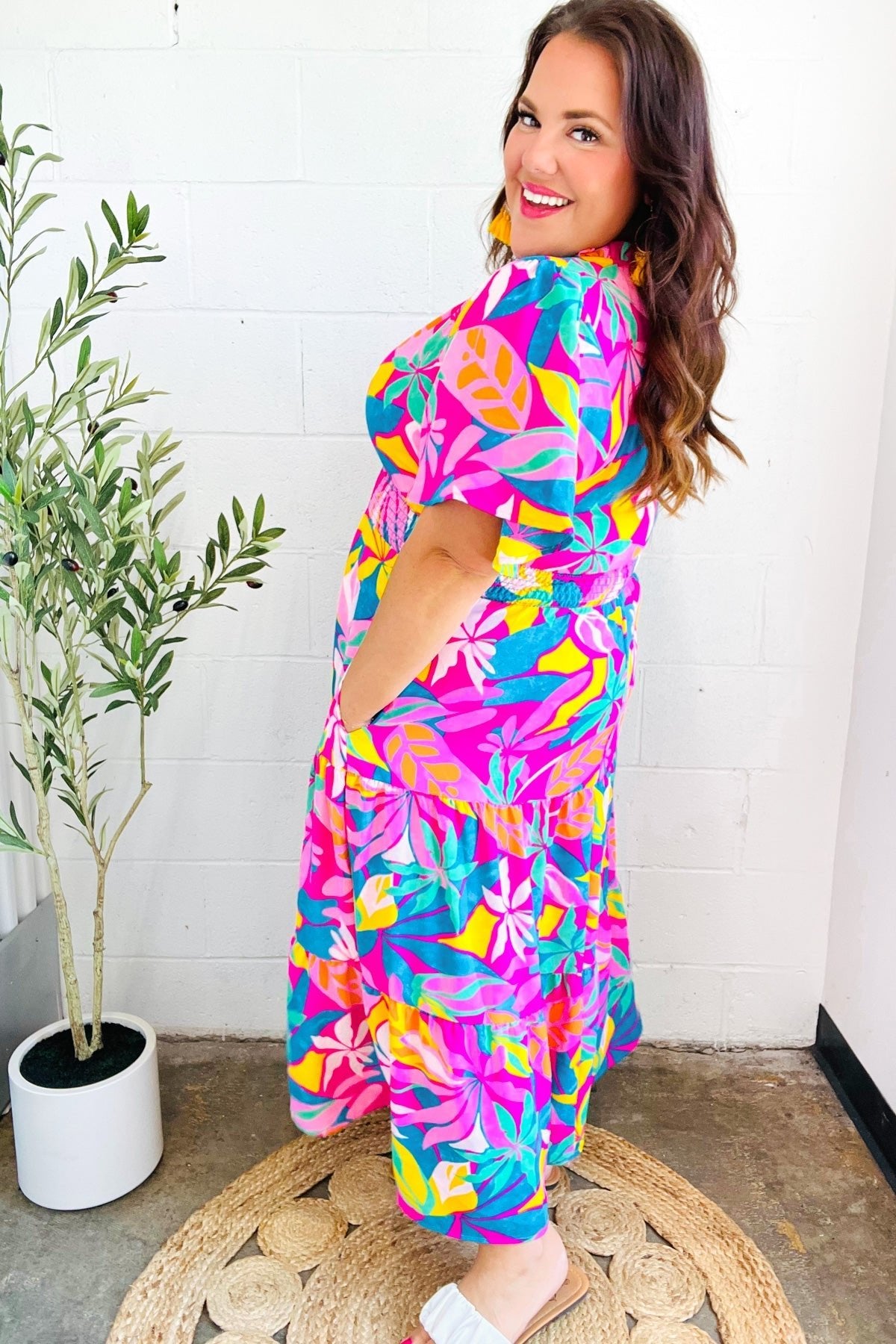 Tropical Trance Fuchsia Floral Smocked Waist Maxi Dress - Bitsy Gypsy Boutique