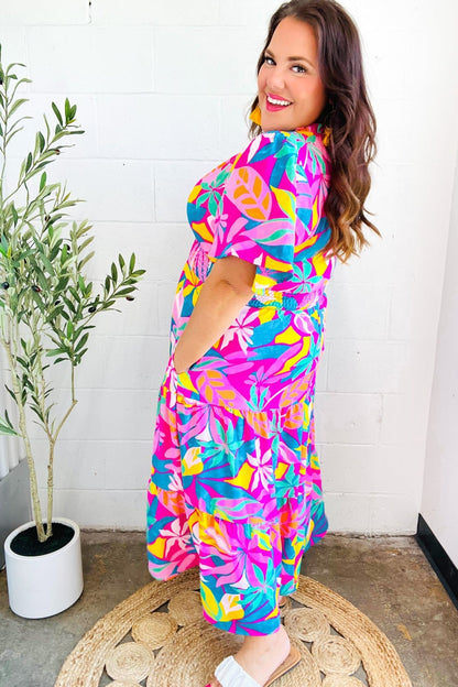 Tropical Trance Fuchsia Floral Smocked Waist Maxi Dress - Bitsy Gypsy Boutique