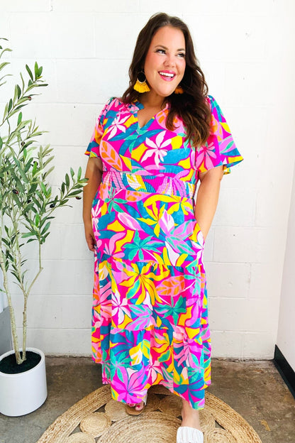 Tropical Trance Fuchsia Floral Smocked Waist Maxi Dress - Bitsy Gypsy Boutique